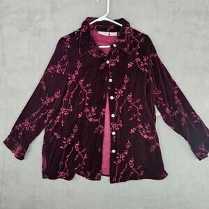 Witchy Burnout Velvet Whimsygoth Burgundy Floral Dark Feminine Button Blouse XL
